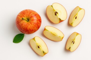 Overhead perspective of sliced apple gala on a white backdrop