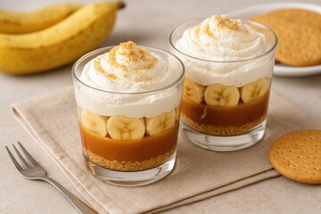 Classic layered dessert featuring caramel, banana slices, biscuit crumbles, and whipped cream served in glassware