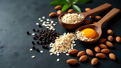 Almonds, oats, egg yolk, and peppercorns arranged on a dark surface