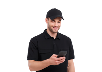 Young man smiling while using smartphone in black casual outfit on transparent background, PNG