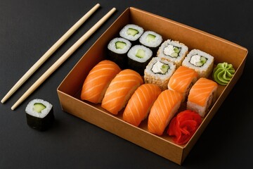 Authentic Japanese cuisine featuring sushi rolls and chopsticks against a dark backdrop, with takeout boxes included