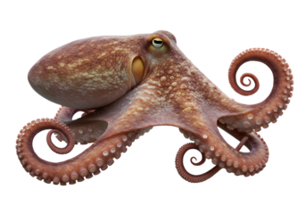 Isolated Detailed Octopus with Curled Tentacles and Transparent Background