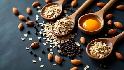 A collection of almonds, oats, egg yolk, and peppercorns in spoons