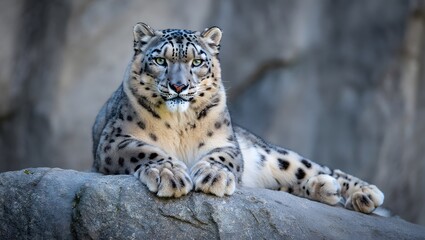 Obraz premium Snow leopard resting on rock wildlife photography animal portrait big cat predator zoo