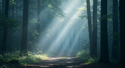 Obraz premium Sunlight filtering through tall trees in a dark, misty forest, illuminating a path and creating an ethereal, tranquil atmosphere. 