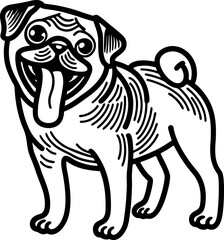 Happy pug dog illustration smiling canine with curled tail and tongue out, playful pet breed design