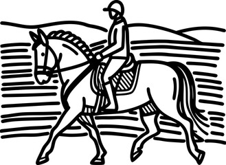 Fototapeta premium Equestrian rider practicing dressage on horse outdoor training, equine sport, calm landscape, rider balance