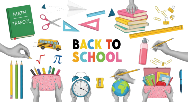 Back to School Concept with Books and School Supplies isolated PNG with Transparent Background