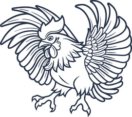 Obraz premium Rooster bird outline illustration with detailed feathers and wings spread hand drawn farm animal sketch design