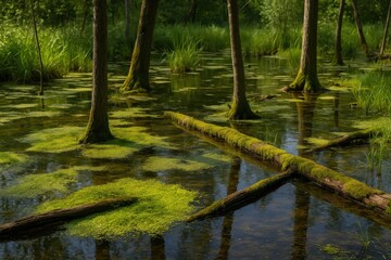Obraz premium Moss-covered wetlands within a pond ecosystem