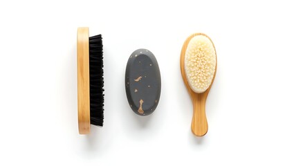 Three different types of brushes and a cleaning stone isolated on white background