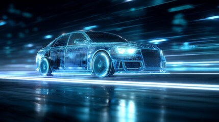 Obraz premium Blue Car Wireframe Speeding on Road