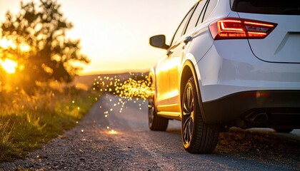White SUV on country road at sunset