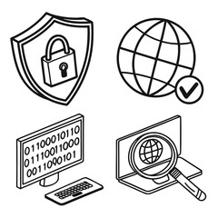Cybersecurity and internet safety icons including shield lock globe computer and binary code