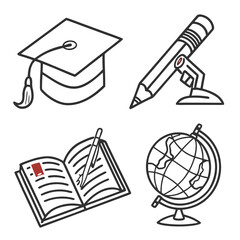Collection of educational icons including graduation cap pencil book and globe
