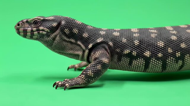 Black and White Tegu Lizard in Profile on Vivid Green Background, Capturing Detailed Scales and Exotic Beauty
