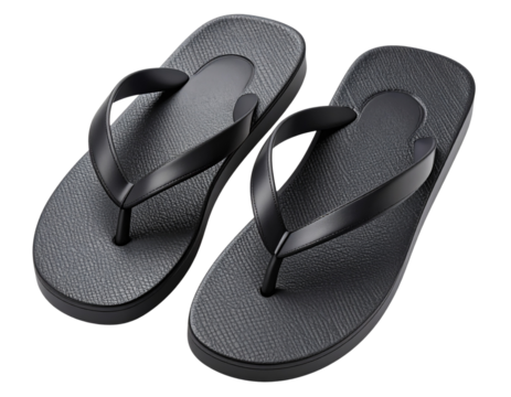  3D Render of Elegant Black Leather Flip Flops with Minimalist Design, isolated on transparent background PNG