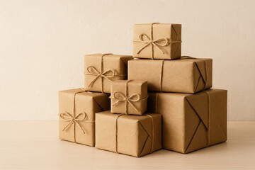 Obraz premium A collection of parcels wrapped in vintage paper and secured with twine