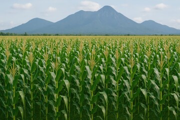 Fototapeta premium A rural landscape featuring a cornfield against a mountain backdrop