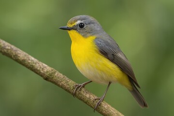 Close-up of a yellow and white robin perched on a branch with selective focus