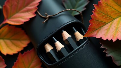 Black pencils in a leather case surrounded by colorful autumn leaves