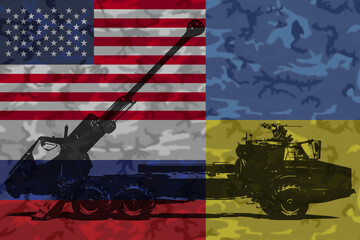 American flag and Ukrainian flag with military vehicles, symbolizing the US potentially sending offensive weapons to Ukraine