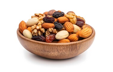 Bowl of mixed nuts and raisins on white background