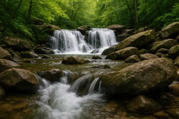 Fototapeta premium Close-up view of water cascading over rocks from below
