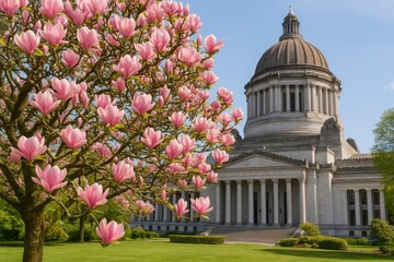 Vibrant Springtime Magnolia in front of Government Headquarters