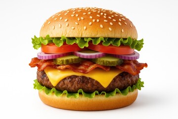 The ultimate cheeseburger loaded with bacon, pickles, tomato, onions, and fresh lettuce