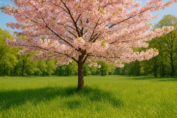 Fototapeta premium Blooming cherry blossoms amidst lush green fields
