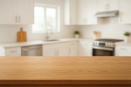 Close-up of a table with a blurred kitchen scene in the background