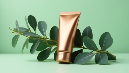 A golden cosmetic tube rests among lush green leaves on a soft green surface