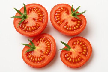 Individual tomato slices on a plain background
