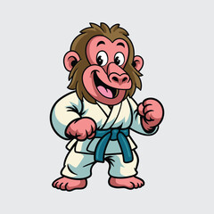 Cartoon baboon wearing a blue belt karate uniform, confidently posing in a ready-to-fight martial arts stance