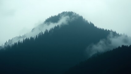 Misty clouds swirl around a dark, forested mountain peak under an overcast sky