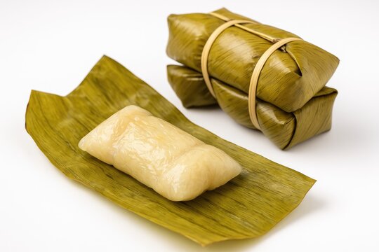 Suman: A Traditional Sticky Rice Dish Wrapped in Banana Leaves on a White Background