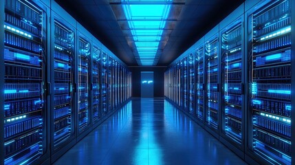 Futuristic Server Room with Glowing Blue Accents