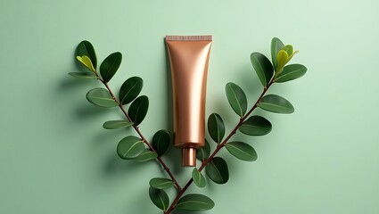 A golden cosmetic tube is presented with delicate green branches on a soft green surface
