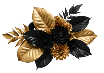 Isolated Floral Arrangement of Golden Leaves and Black Flowers Illustration