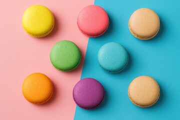 Overhead shot of vibrant macarons on a pink and blue backdrop