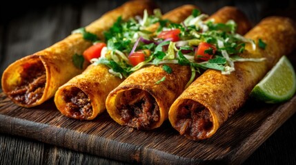Crispy Taquitos with Fresh Toppings on a Rustic Wooden Serving Board