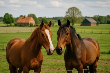 Obraz premium Two horses captured on a rural farm scene