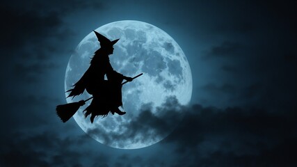 A witch is flying on her magic broomstick across the bright full moon on Halloween night. Generative AI Illustration