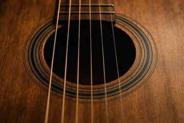 Obraz premium Detailed view of strings on an acoustic guitar