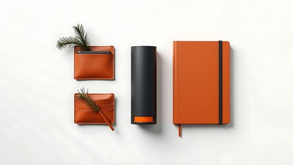 Orange leather notebook and accessories arranged neatly on a white background