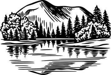 mountain landscape, evergreen forest and tranquil lake reflection scenic wilderness nature illustration, hand drawn woodcut