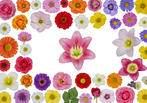 Isolated Floral Frame Colorful Blossoms on Transparent Background PNG
