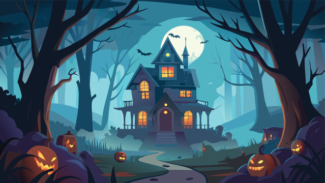 A spooky halloween scene with a haunted house under a full moon and glowing jack o lanterns in the forest