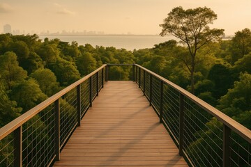 Elevated Pathway Above Jungle Canopy in a Southeast Asian City